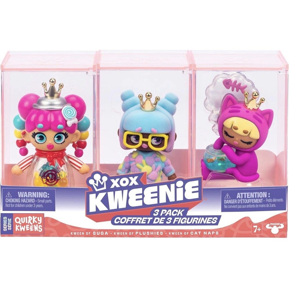 XOX Kweenie Quirky Kweens 3 Pack Kawaii Collectible Figurines + Display Case